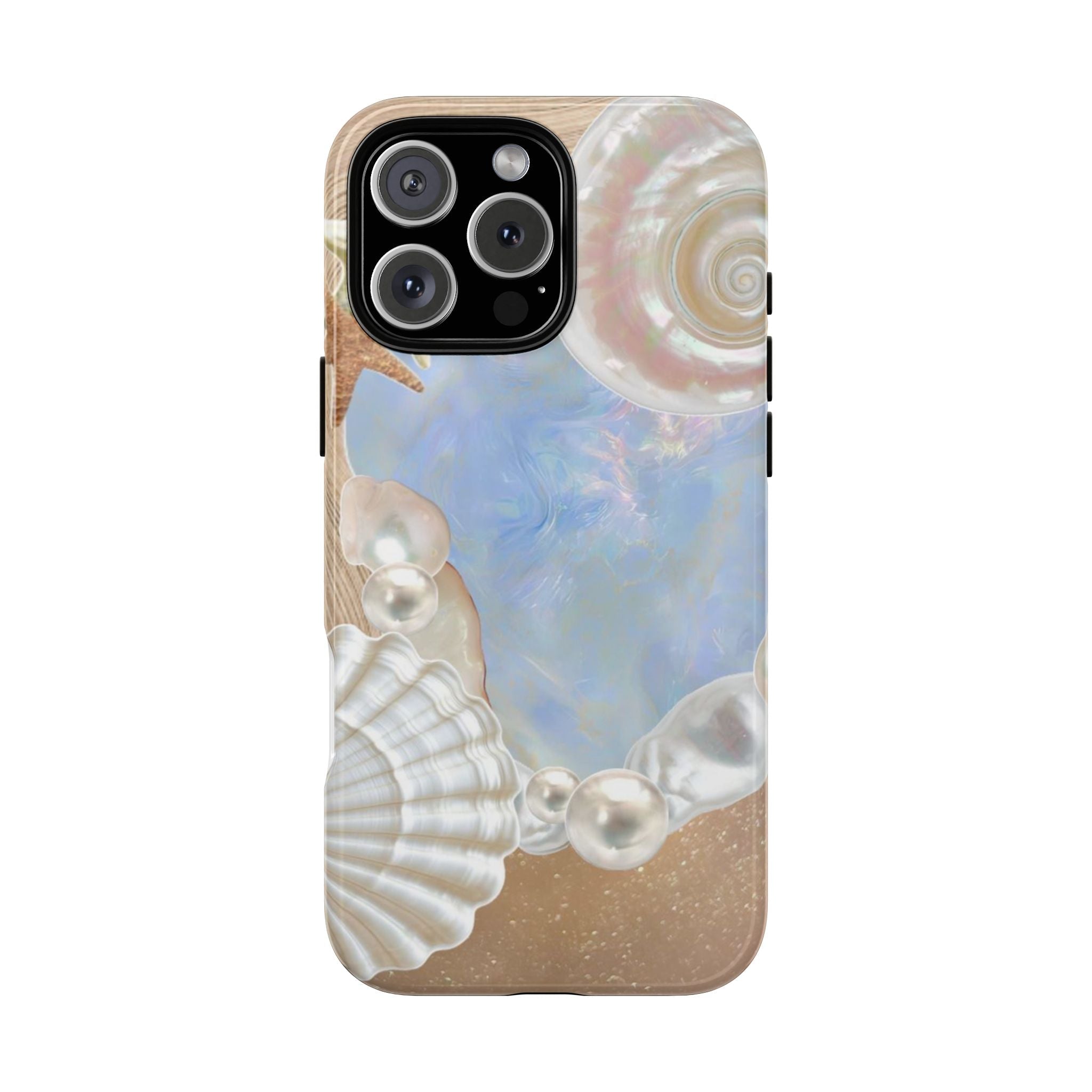 Sea shell phone case with opal blue, white pearls, and beige sand design