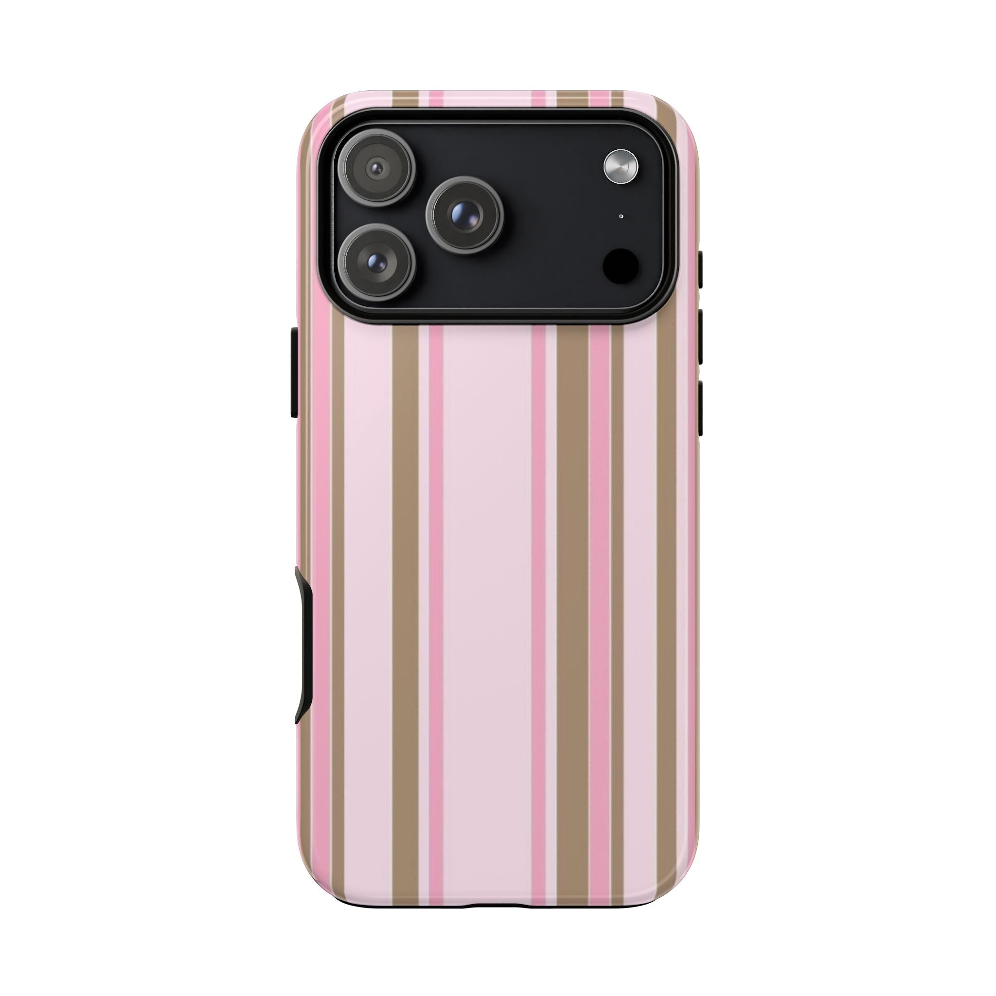 Back of pink and brown striped phone case with raised camera edges