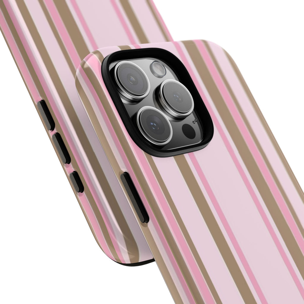 Pink and brown striped phone case with side button openings and camera cutout