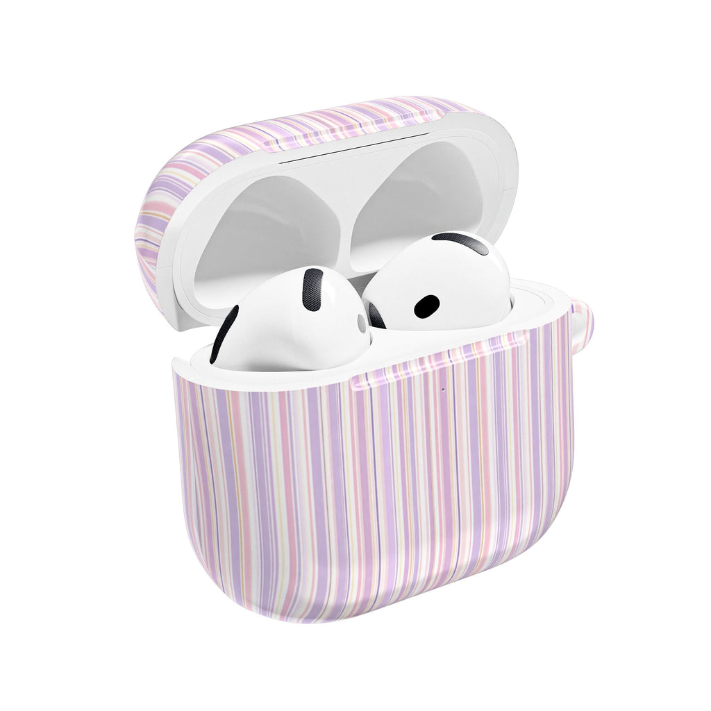 Pastel purple and pink striped AirPods case, open with earbuds