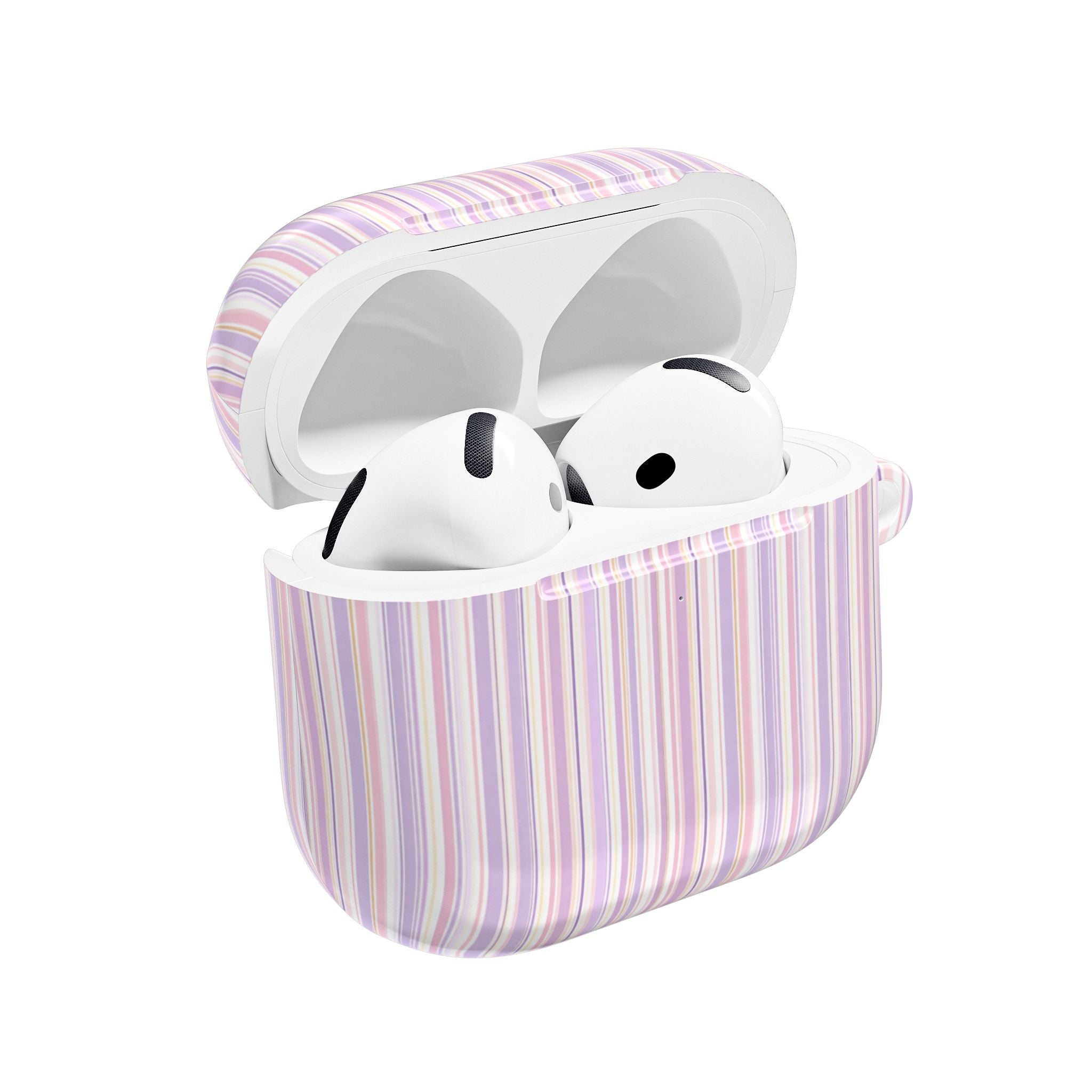 Pastel purple and pink striped AirPods case, open with earbuds