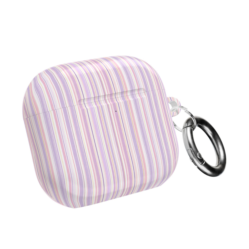 Pastel striped AirPods case, closed, side carabiner keyring