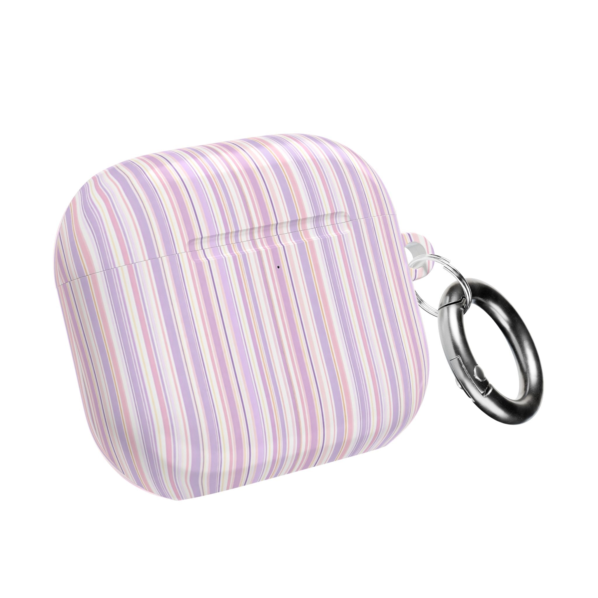 Pastel striped AirPods case, closed, side carabiner keyring