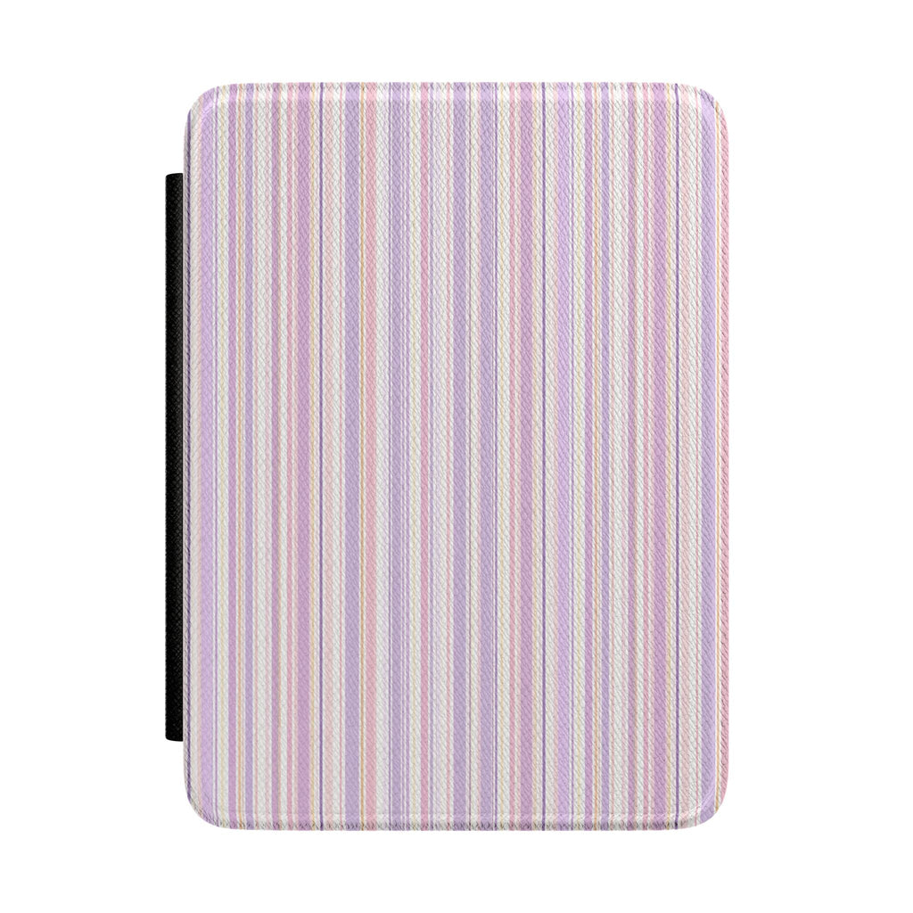 Santa Monica Kindle hardcover case with vertical striped fabric in lavender, pink, and white