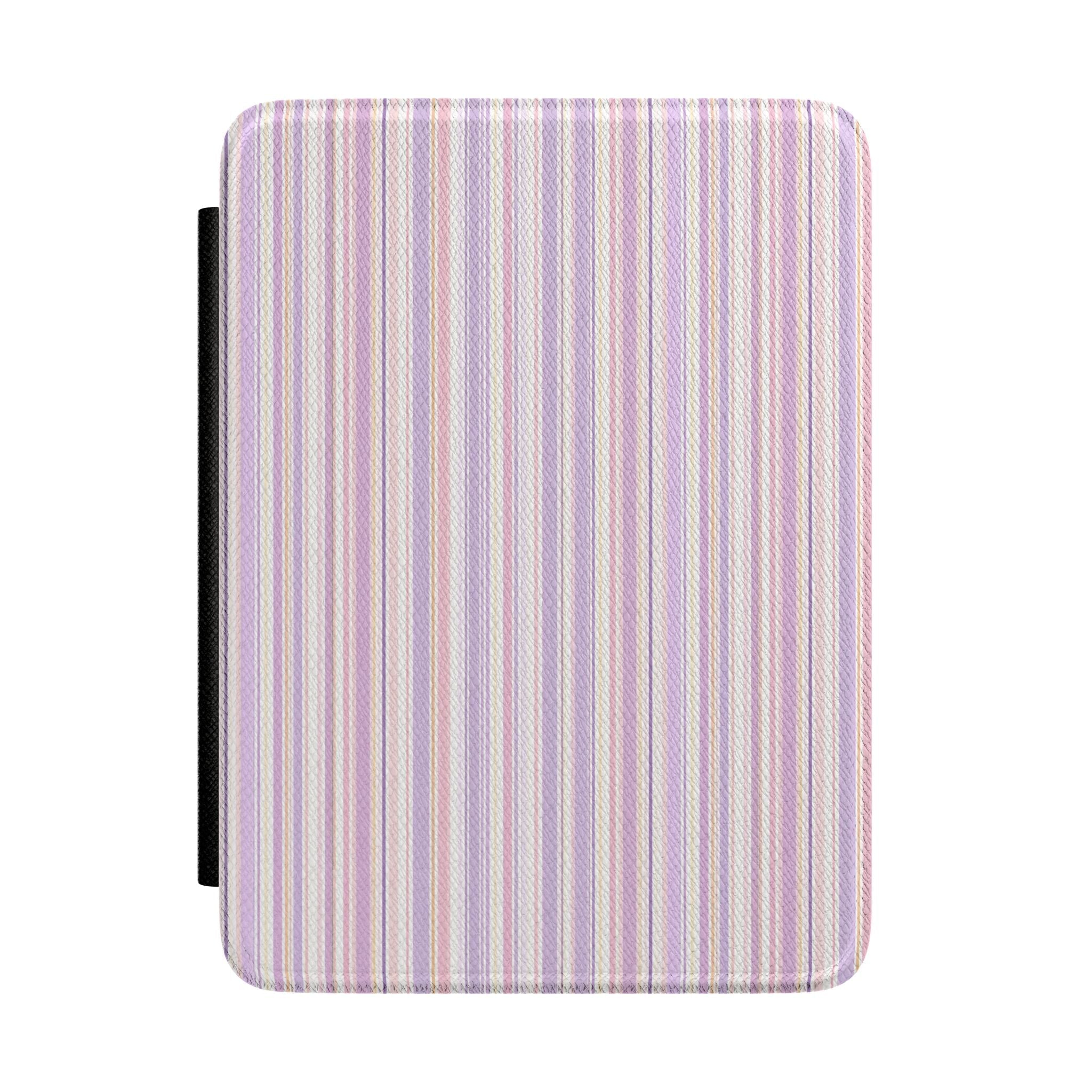 Santa Monica Kindle hardcover case with vertical striped fabric in lavender, pink, and white