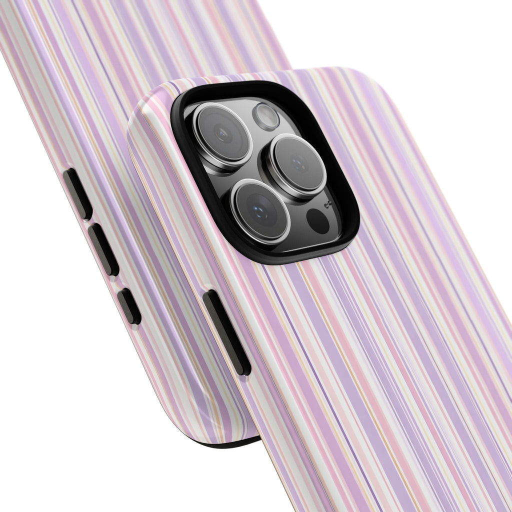 Santa Monica stripes phone case with vertical pastel purple, pink, and white stripes; angled camera view