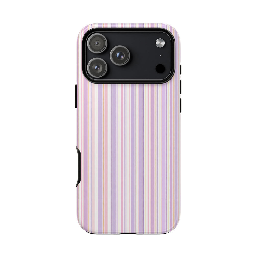 Santa Monica stripes phone case, vertical pastel purple/pink/white, camera cutout and side openings