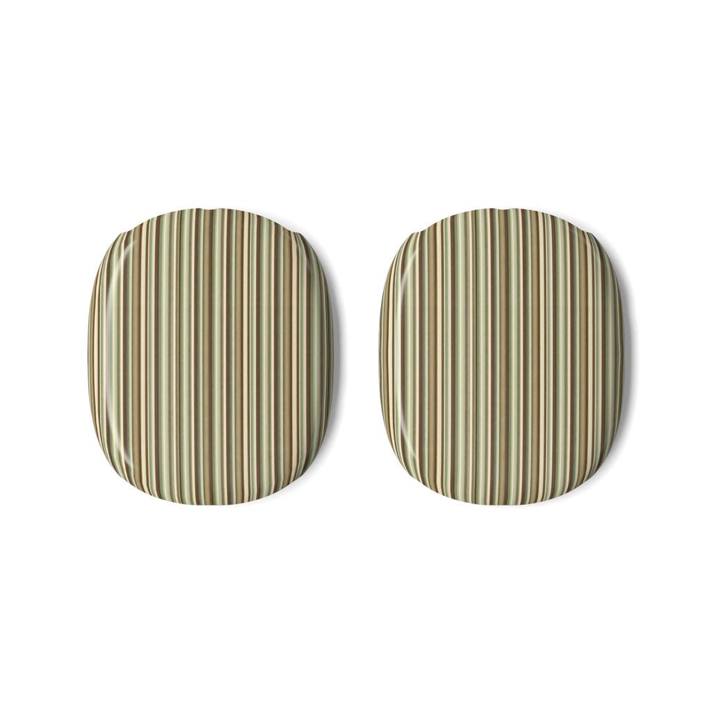 Pair of AirPods Max ear covers with vertical striped fabric in beige, tan, and green