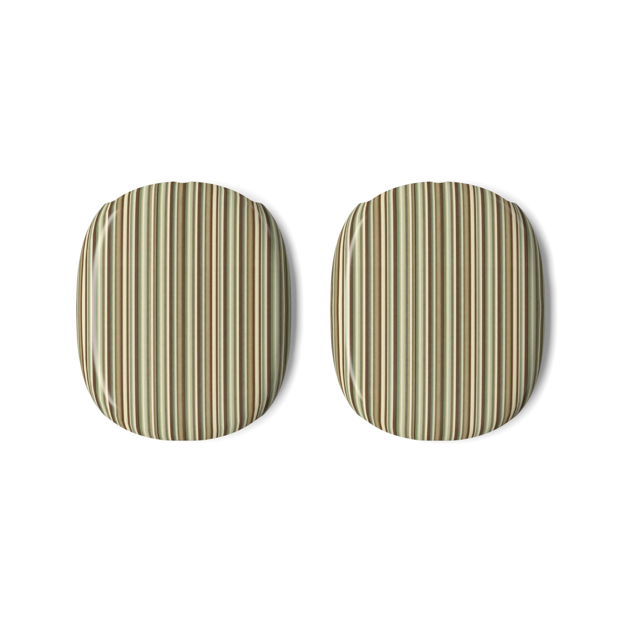 Pair of AirPods Max ear covers with vertical striped fabric in beige, tan, and green