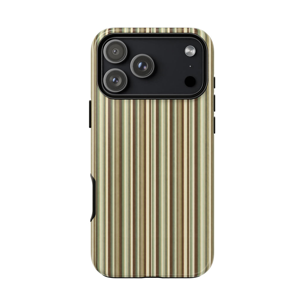 Scotland stripes phone case back shows camera cutout; vertical beige, green, brown stripes
