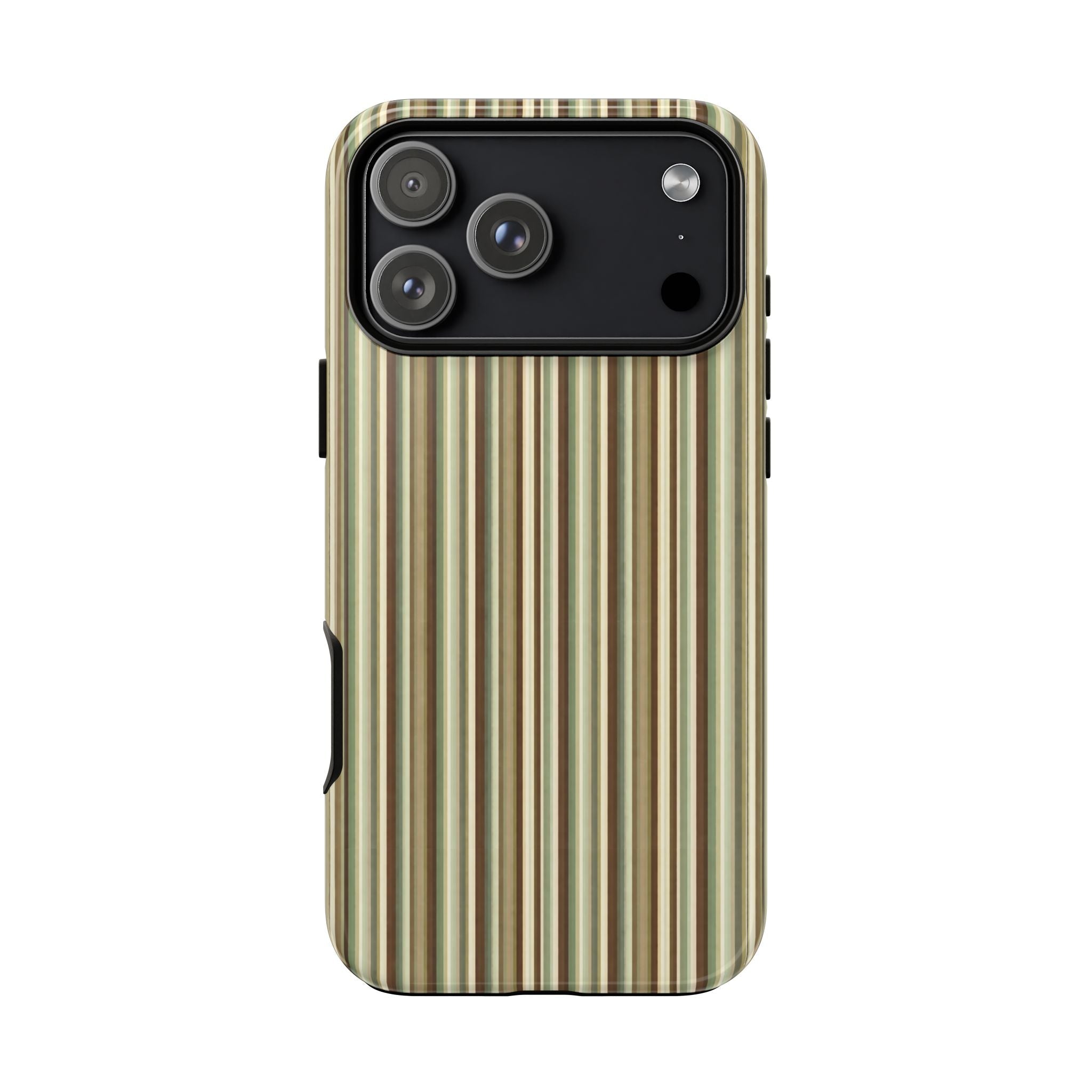 Scotland stripes phone case back shows camera cutout; vertical beige, green, brown stripes