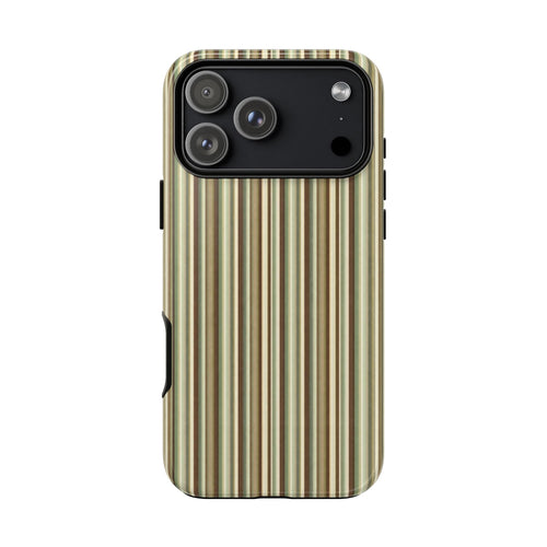 Scotland stripes phone case back shows camera cutout; vertical beige, green, brown stripes