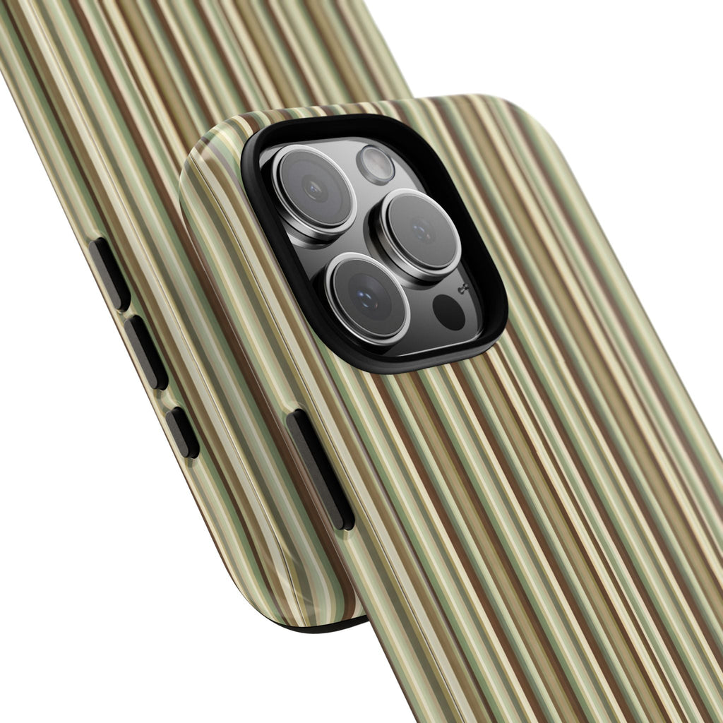 Scotland stripes phone case angled view with side button openings; vertical beige, green, brown stripes