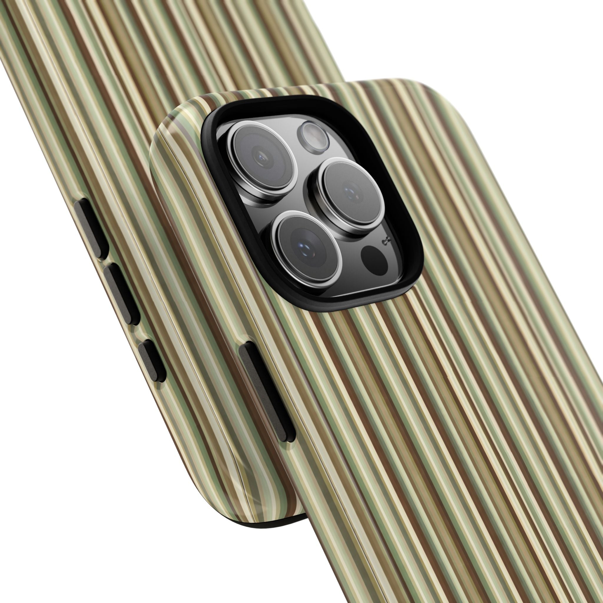 Scotland stripes phone case angled view with side button openings; vertical beige, green, brown stripes