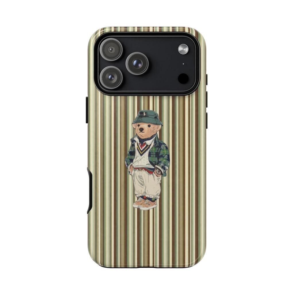 Striped phone case with teddy bear design on back, side buttons and camera cutouts