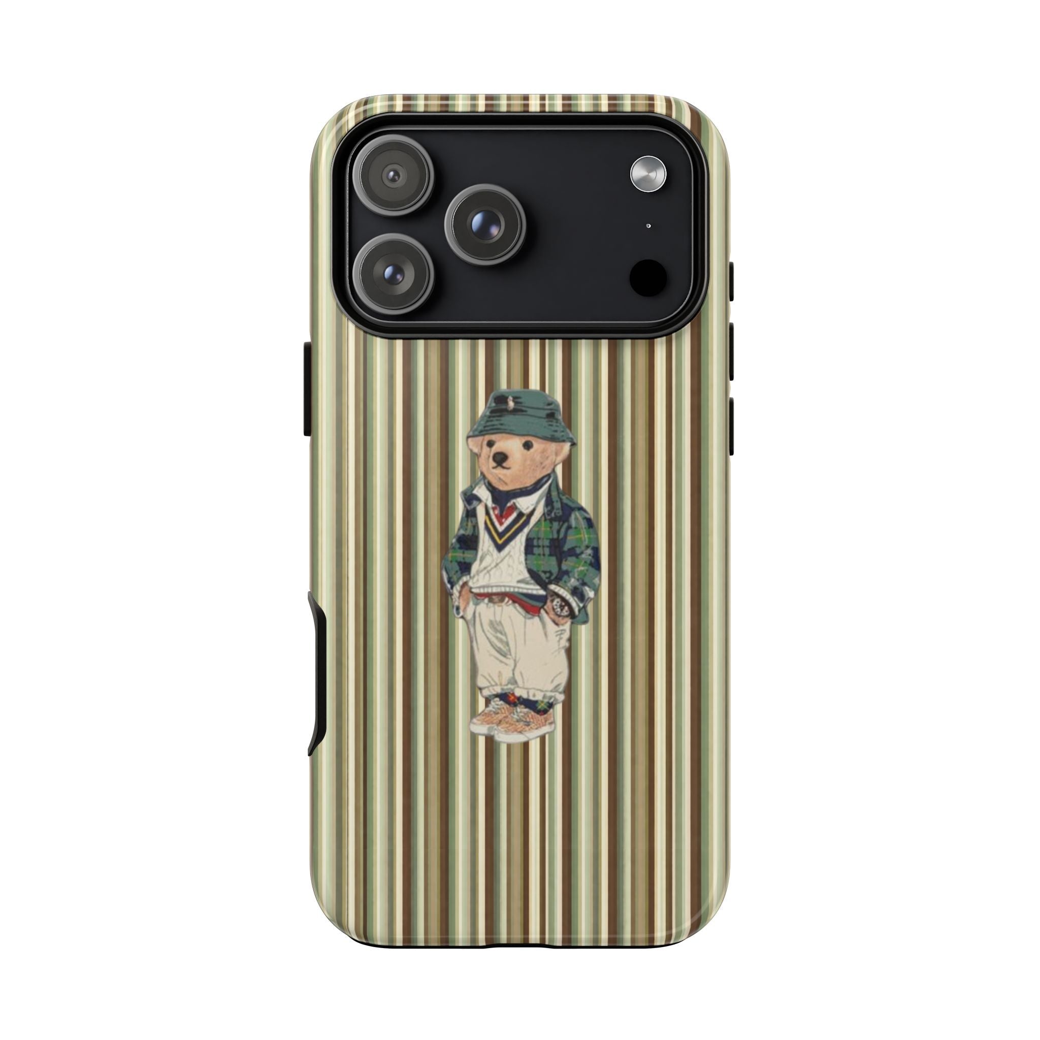Striped phone case with teddy bear design on back, side buttons and camera cutouts