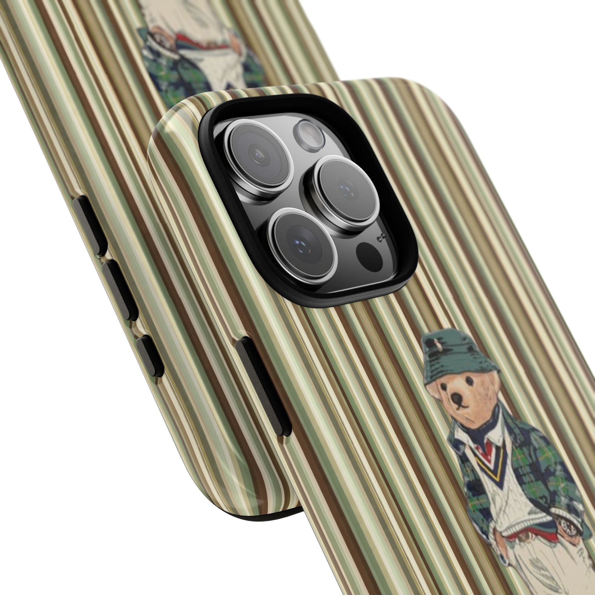 Angled view: striped phone case with teddy bear print and raised camera lens protection