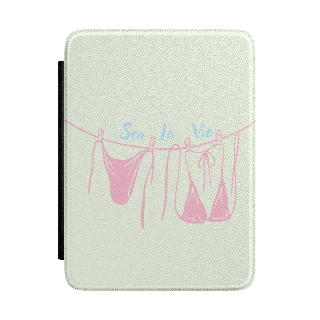 Hardcover Kindle case in light mint with colorful "Sea la Vie" seashell graphic