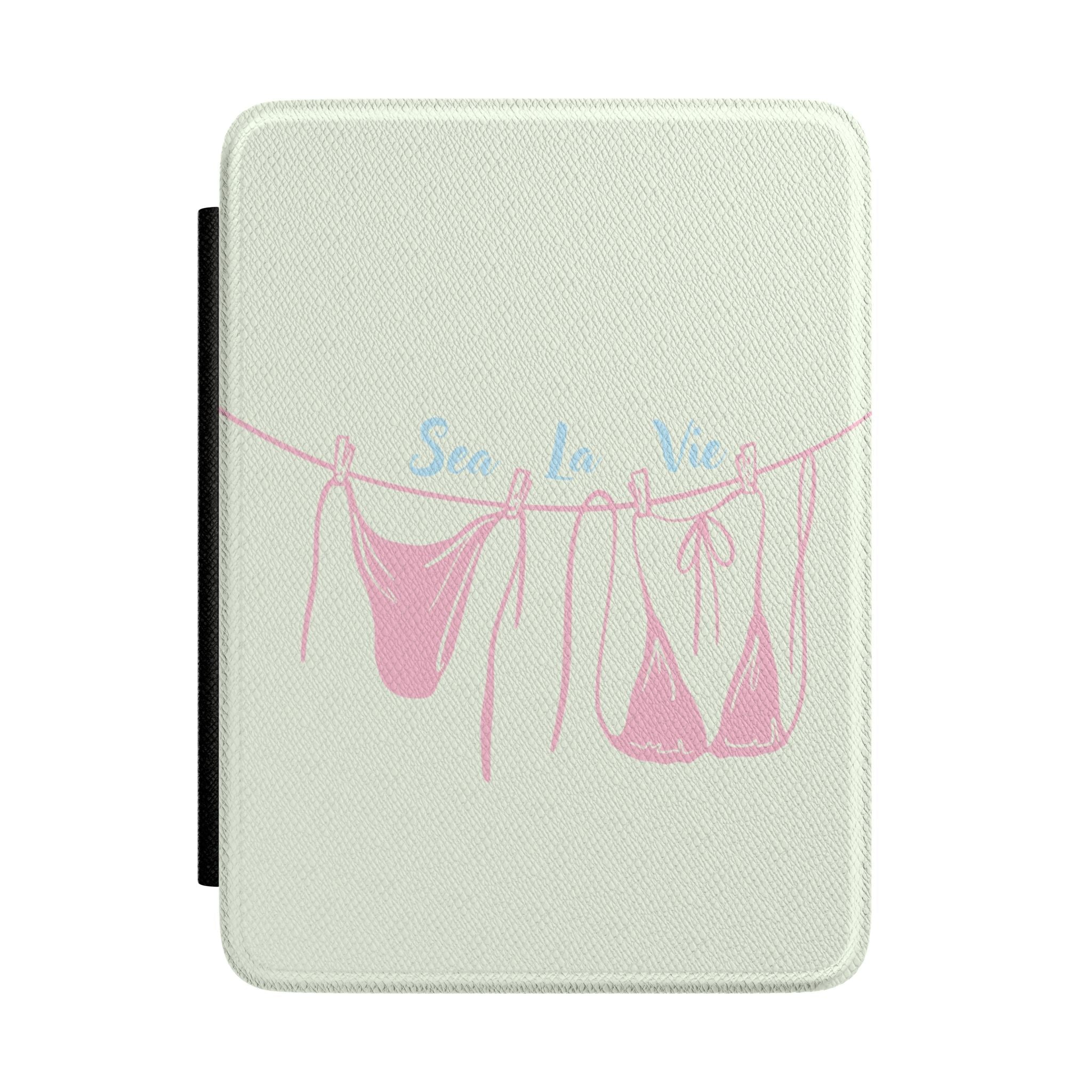 Hardcover Kindle case in light mint with colorful "Sea la Vie" seashell graphic