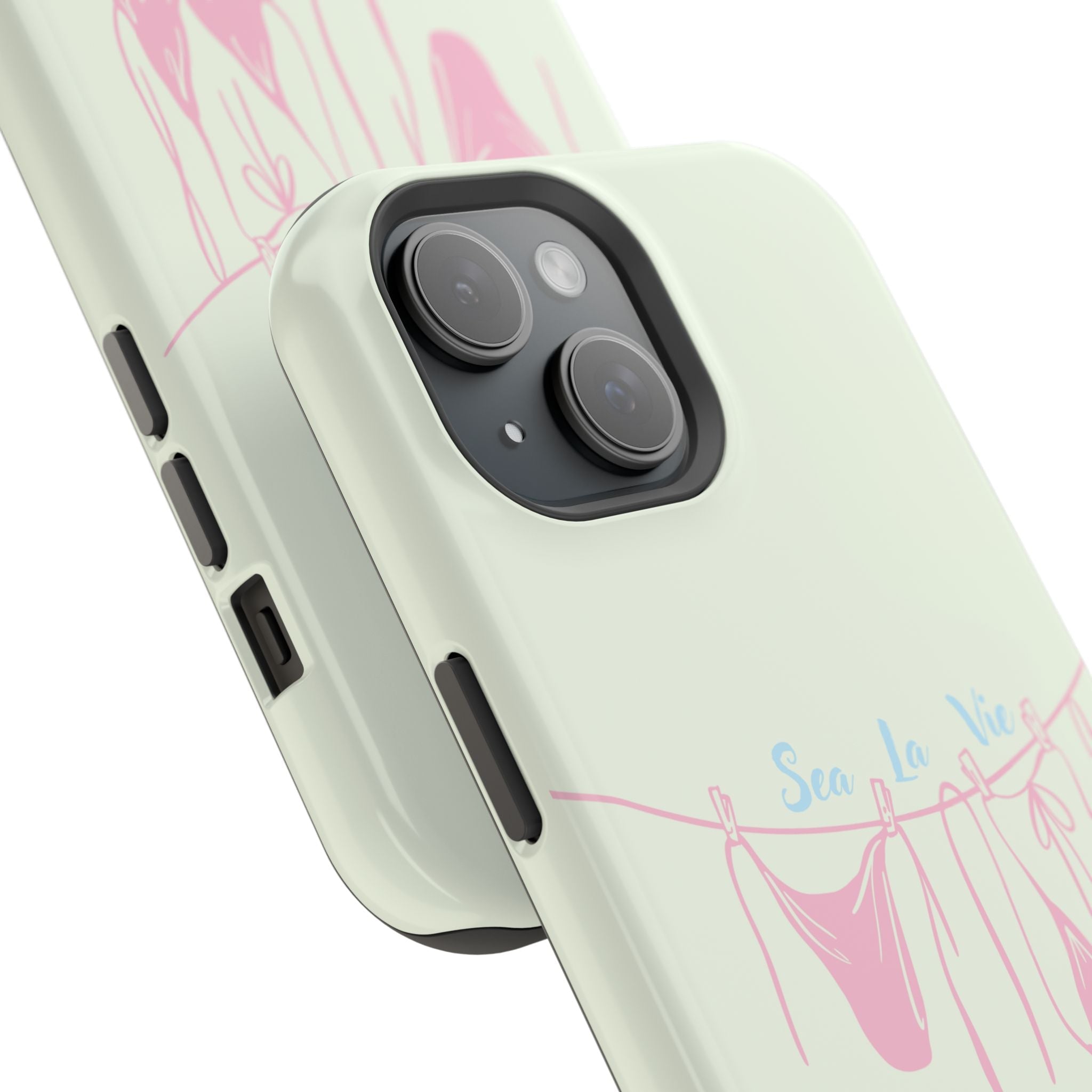 Angled light green bikini phone case with camera cutouts and pink Sea La Vie graphic