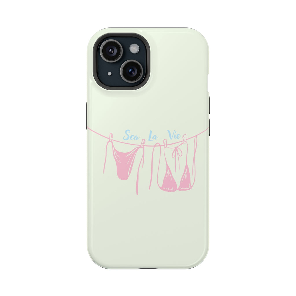 Light green bikini phone case with pink clothesline graphic and Sea La Vie text