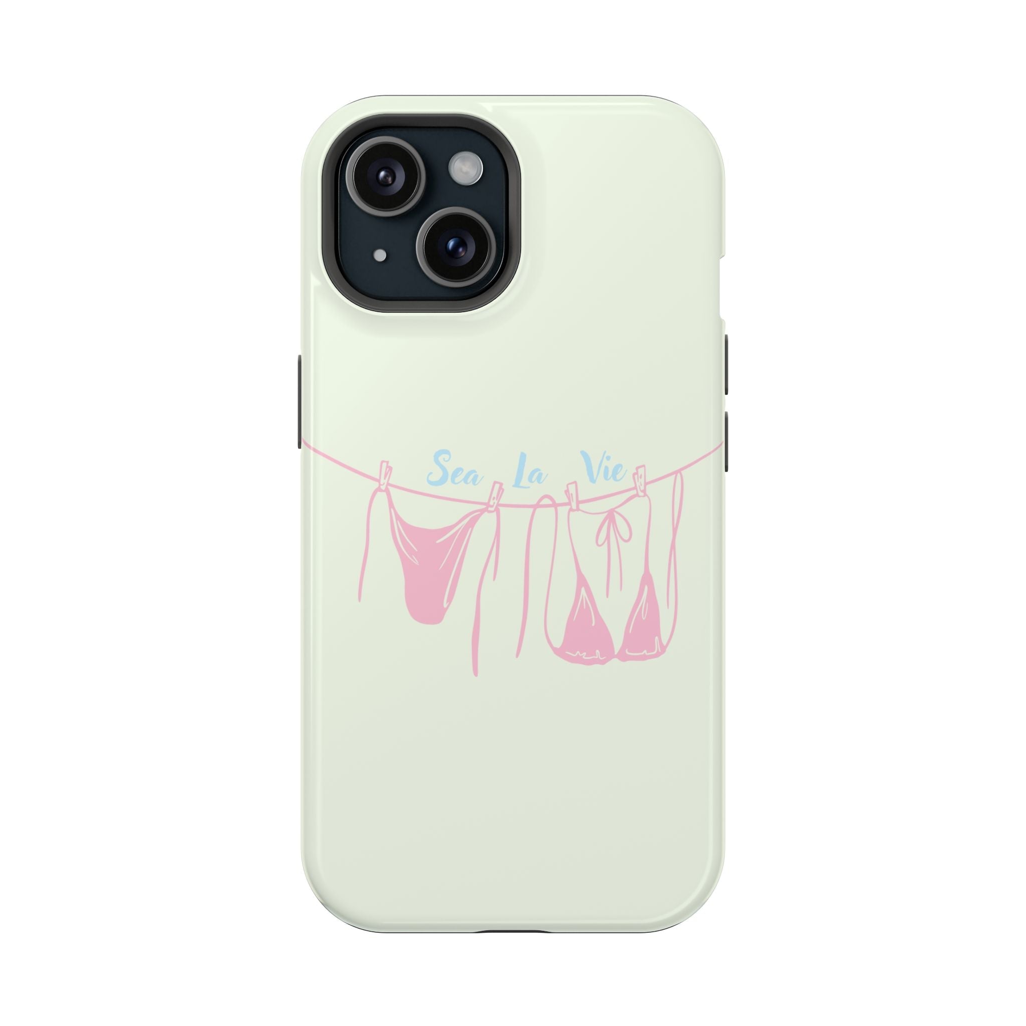 Light green bikini phone case with pink clothesline graphic and Sea La Vie text