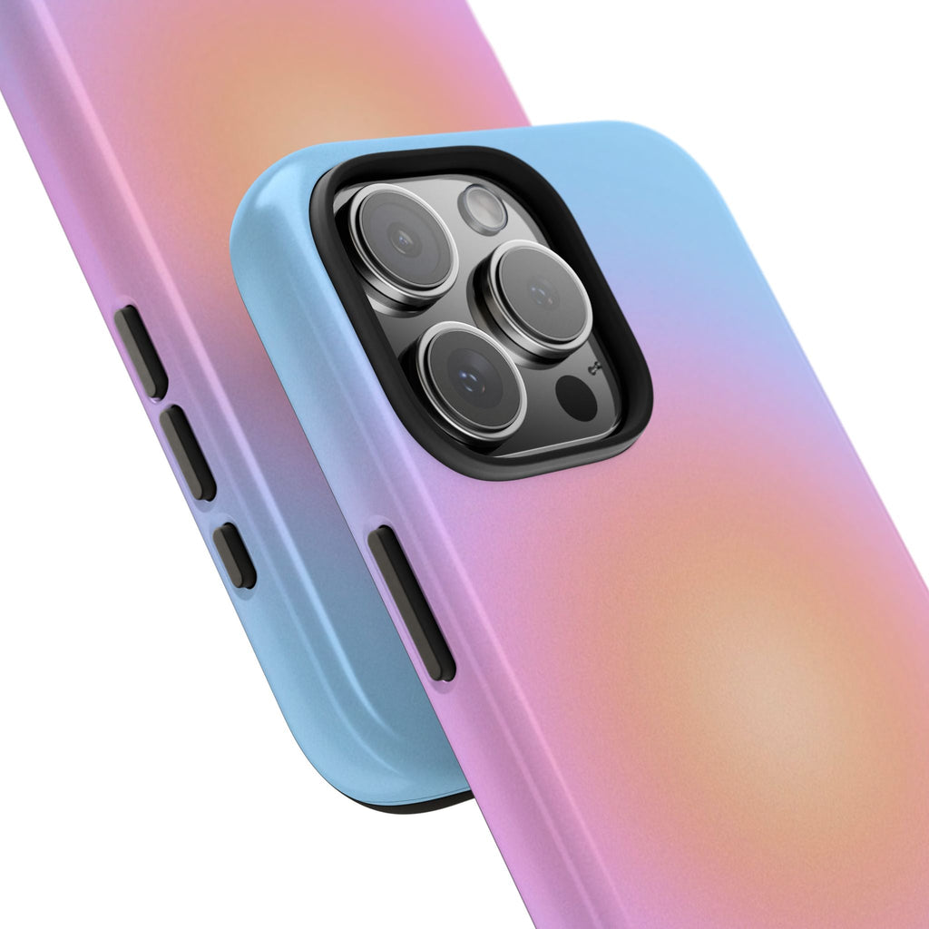 Close-up aura phone case showing side buttons and blue-to-pink gradient camera bezel