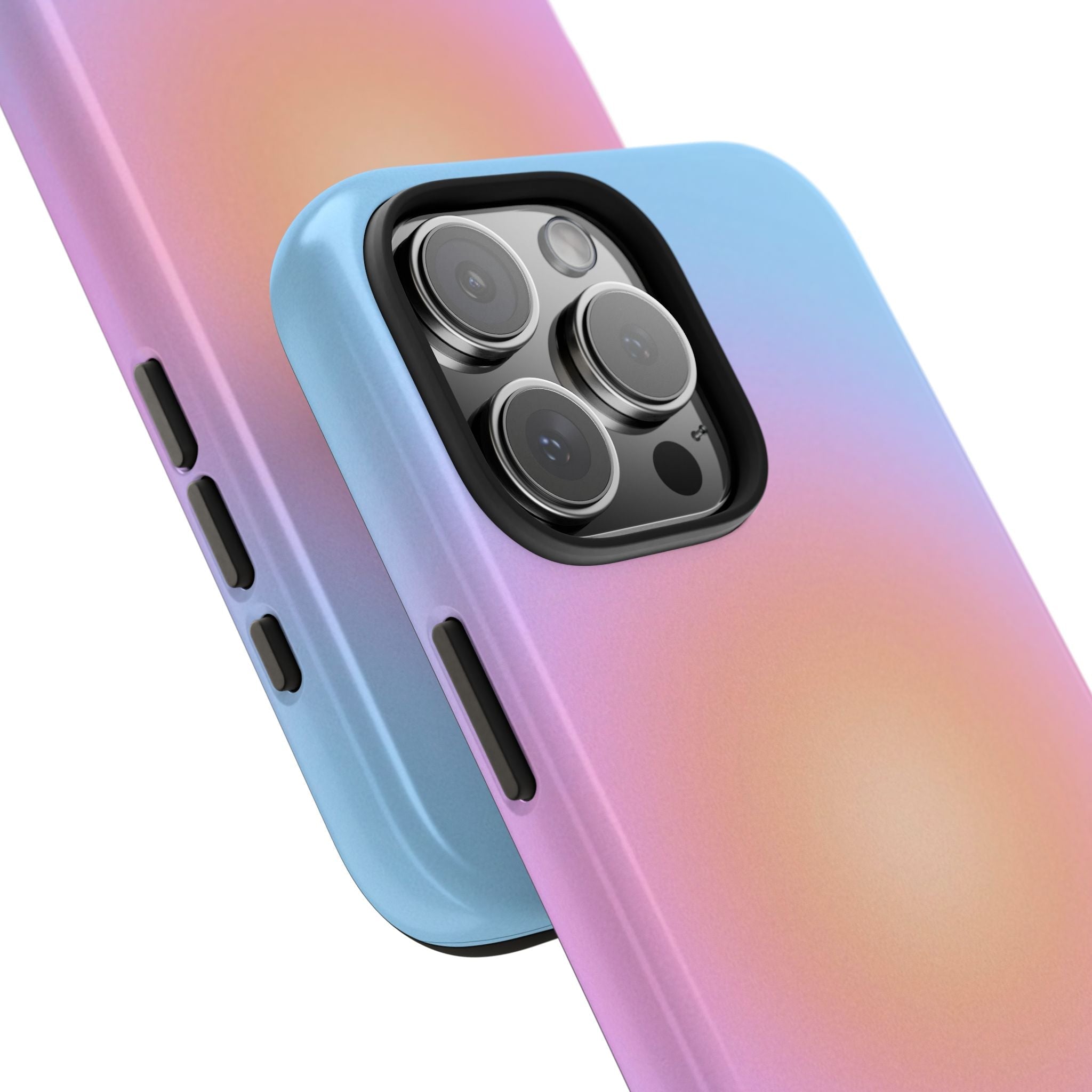 Close-up aura phone case showing side buttons and blue-to-pink gradient camera bezel
