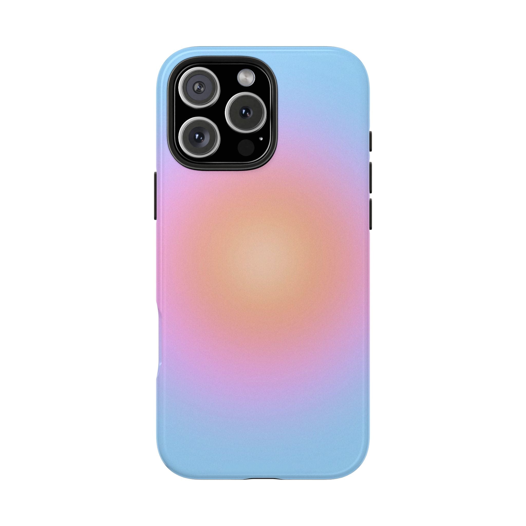 Aura phone case, blue and lilac gradient with triple camera opening and flash