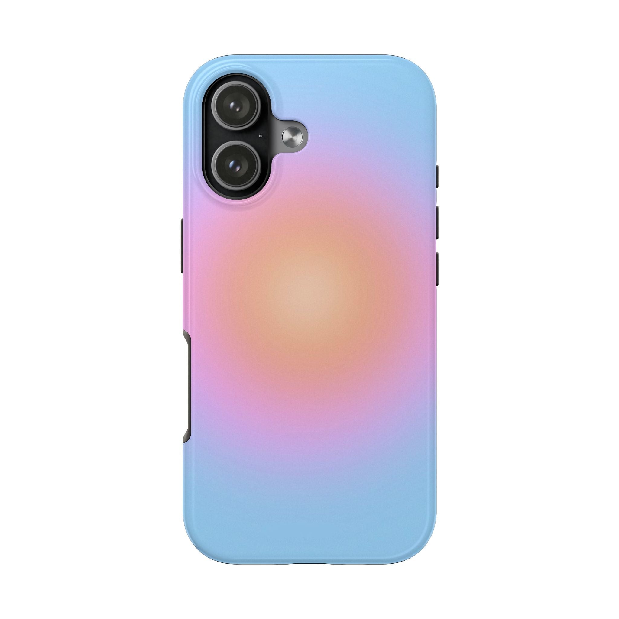 SEASIDE FIRE aura phone case with blue-to-pink gradient and dual camera cutouts