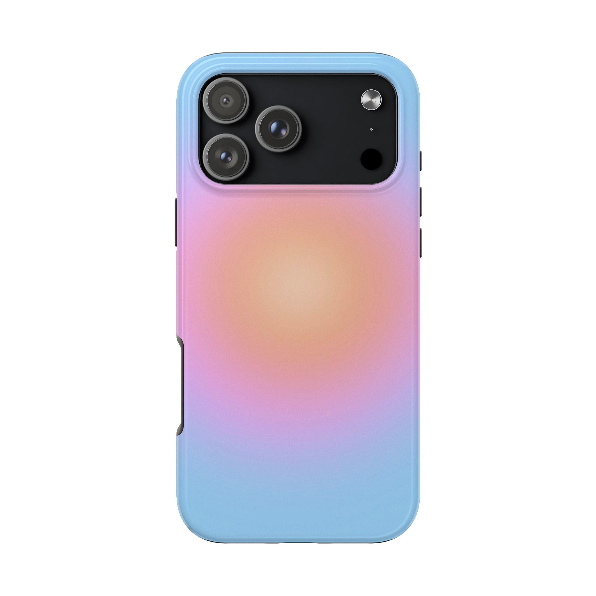 Aura phone case back, light blue with pink-orange glow and camera lens covers