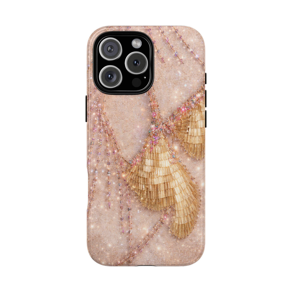 Sparkly angel wing phone case with nude-pink glitter and gold feather sequins