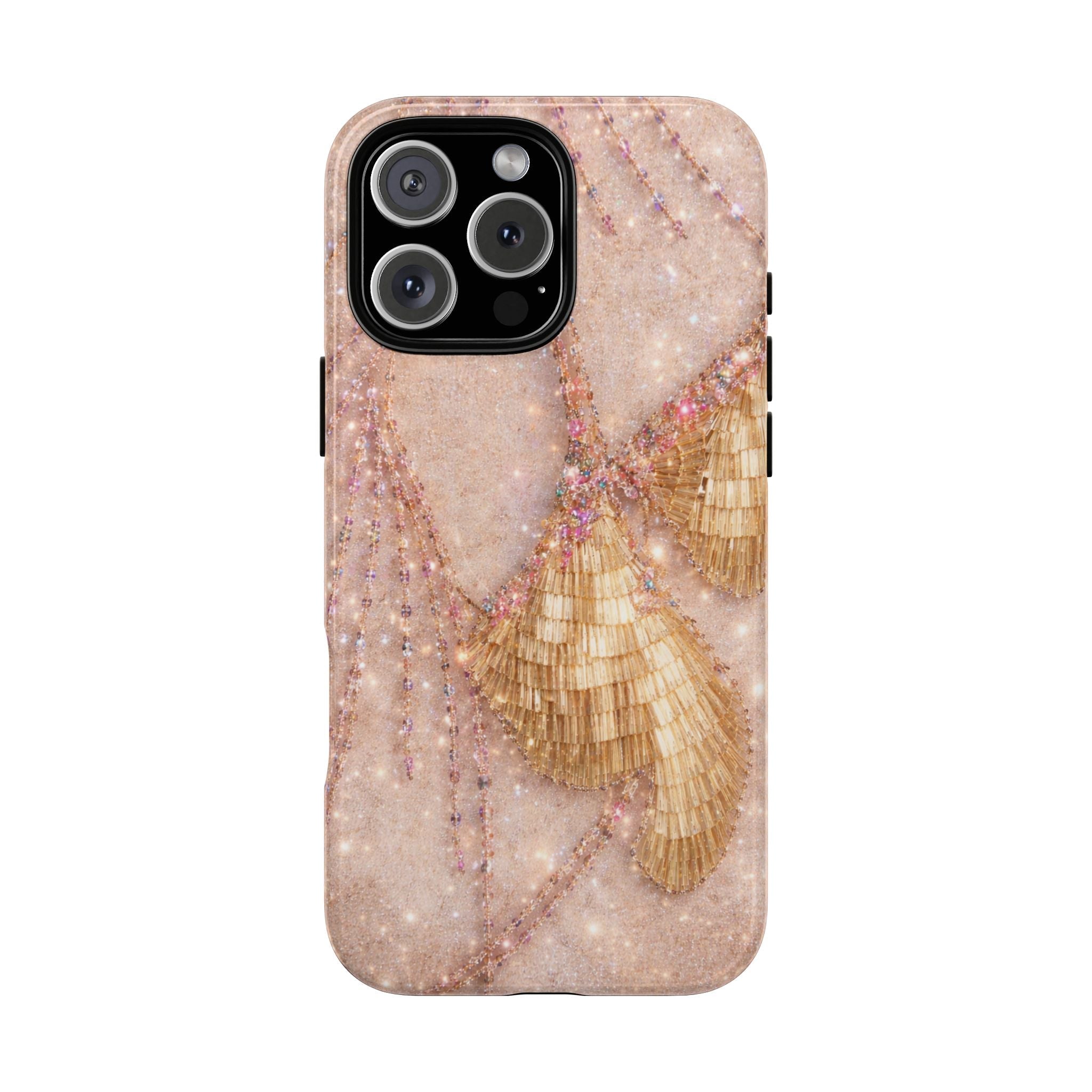 Sparkly angel wing phone case with nude-pink glitter and gold feather sequins
