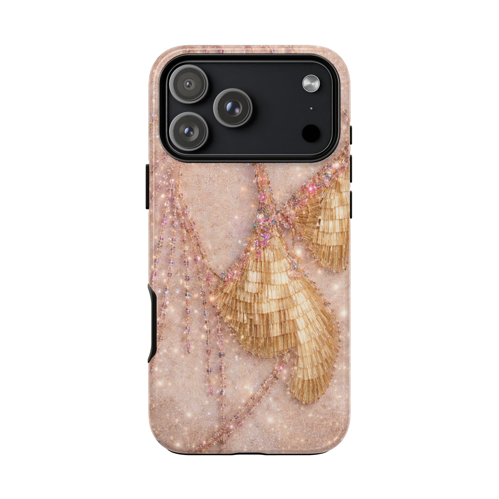 Angel wing glitter phone case with rose-pink sparkle over camera cutout