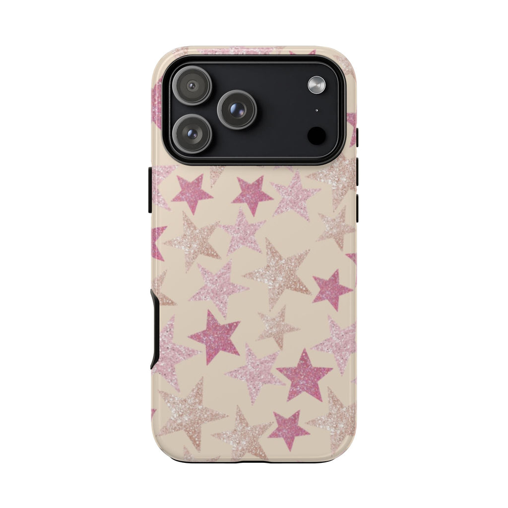 Light phone case with pink star sequins, shows camera lens cutouts on back