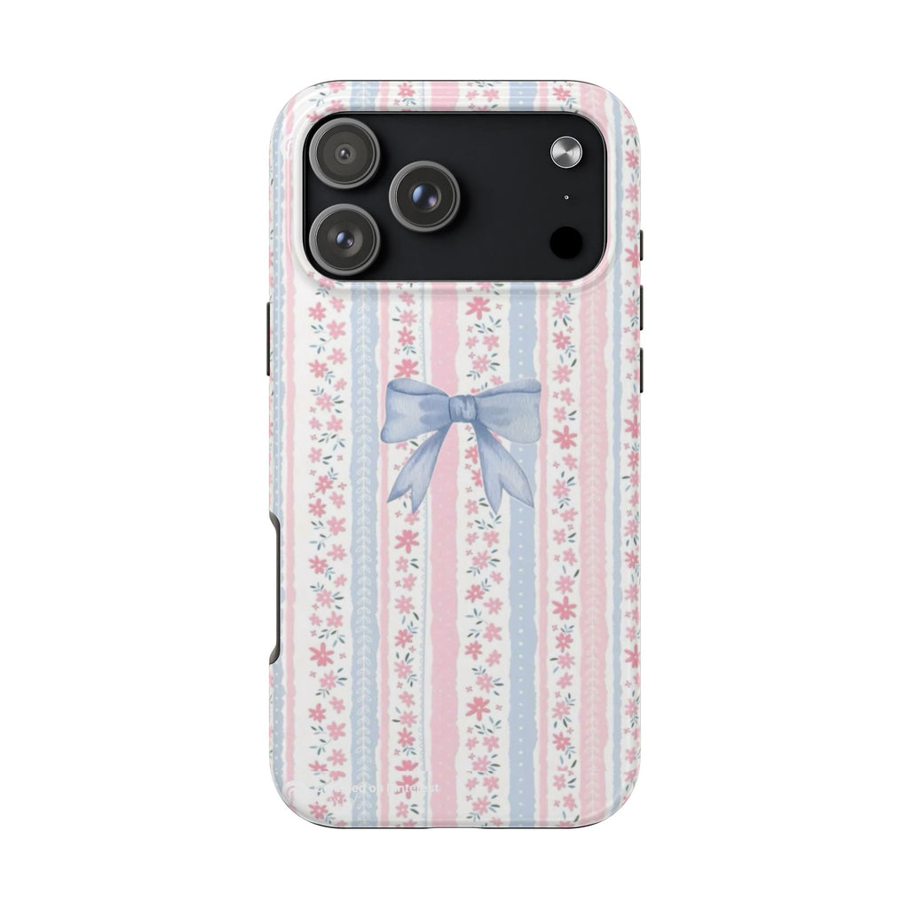 Phone case back with vertical pastel stripes, pink floral pattern, light blue bow, cutouts