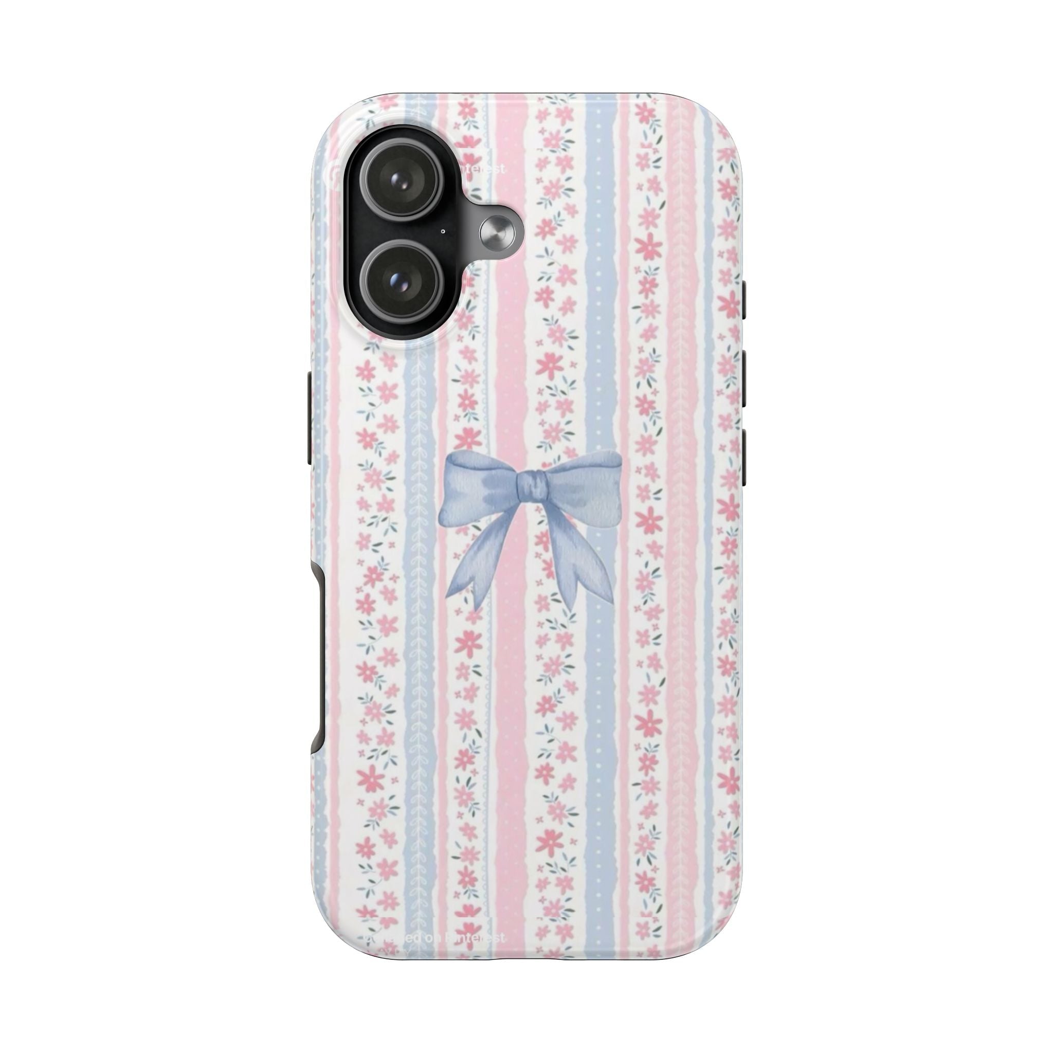 Back view phone case: vertical pastel stripes, pink floral print, light blue ribbon bow