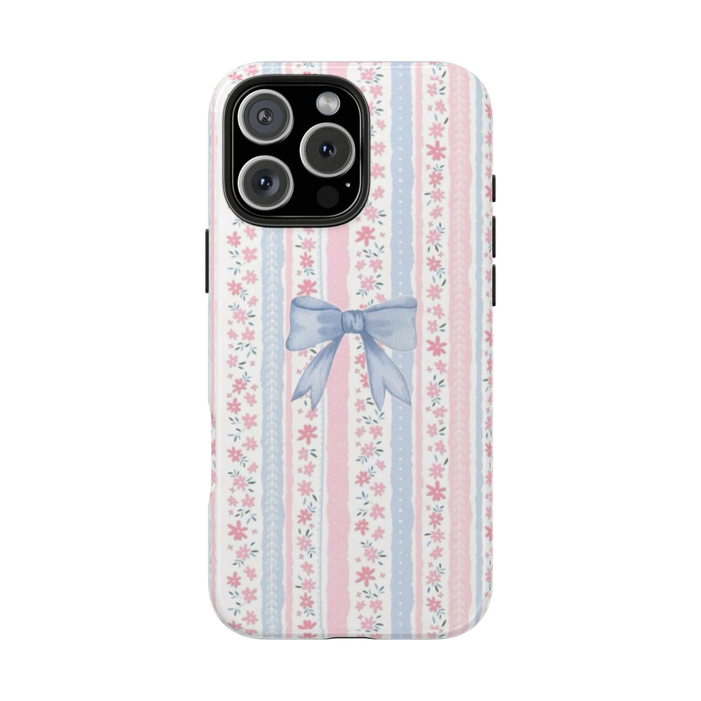 Phone case with pastel vertical stripes, small pink floral sprigs, and light blue bow