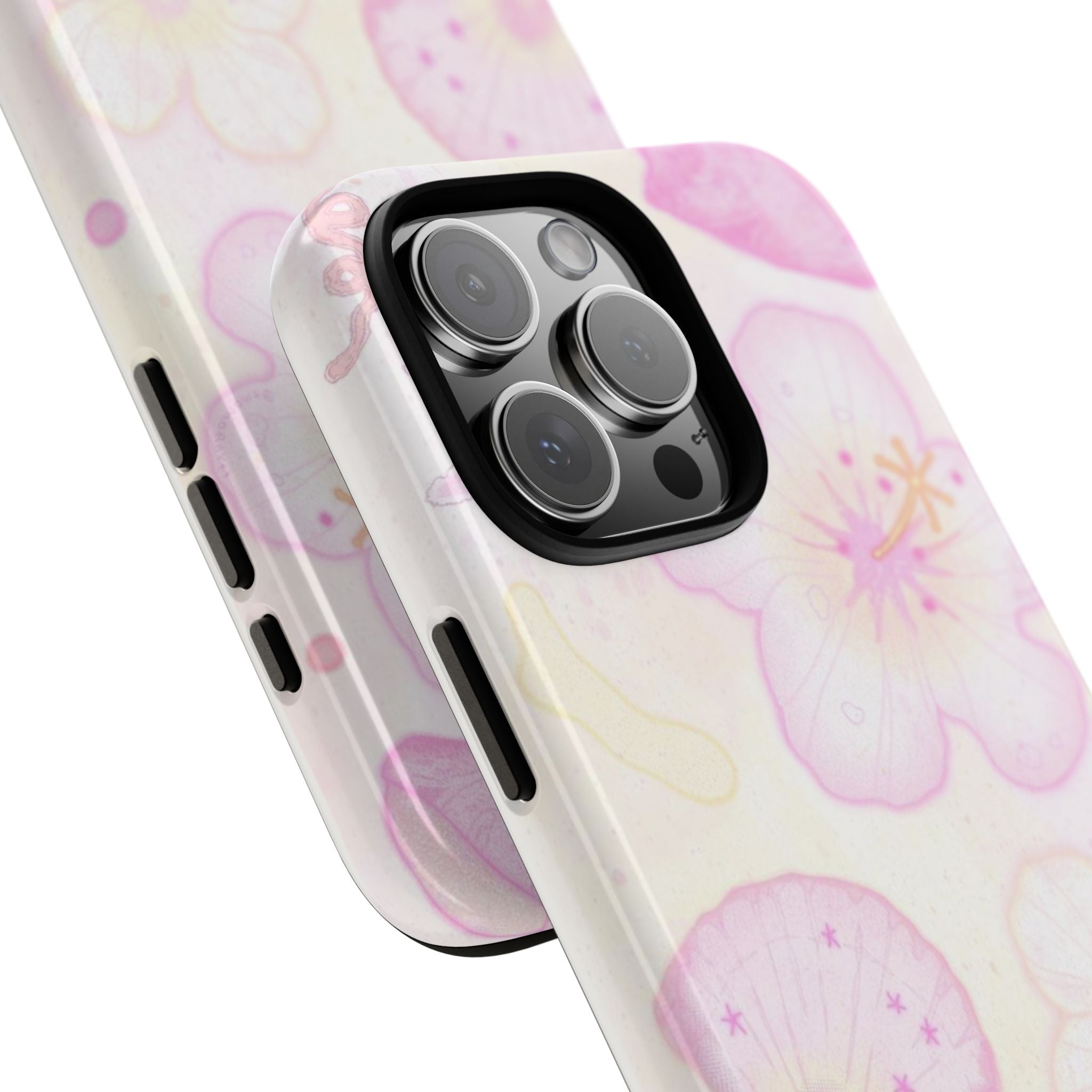 Pastel floral shell phone case angle view showing camera cutouts and side openings