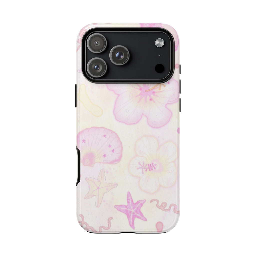 Pastel floral shell phone case, pink and purple seashell and star patterns, camera cutout