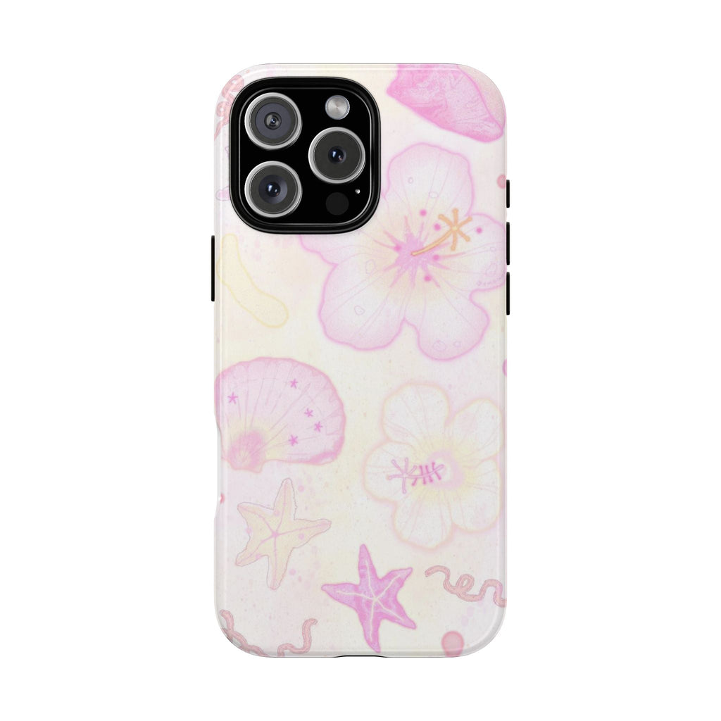 Pastel floral shell phone case with starfish and star accents, camera cutout view