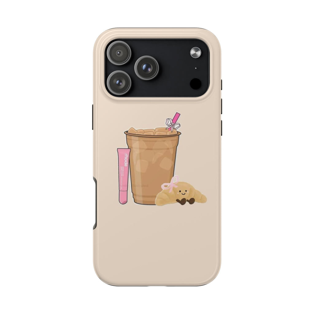 Beige phone case with cute drink-and-bear illustration, camera cutout.