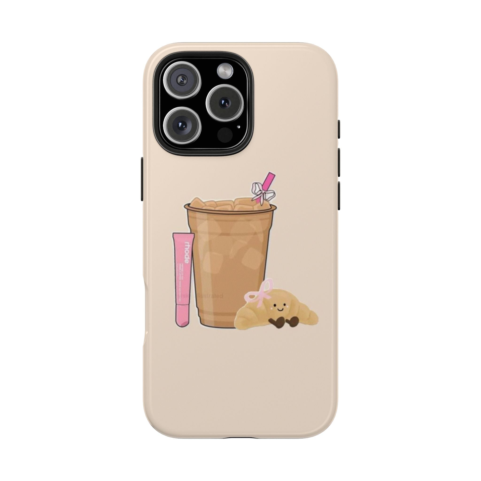 Beige phone case with drink cup and bow detail; camera cutout and side buttons.