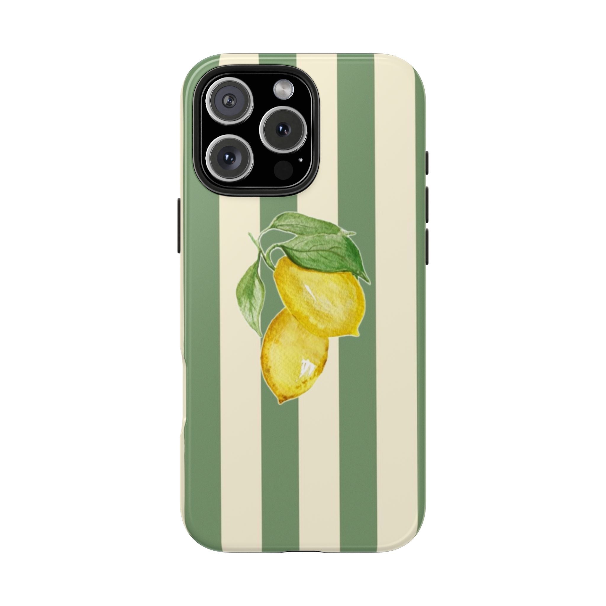 Green and cream striped phone case featuring yellow lemon with green leaves