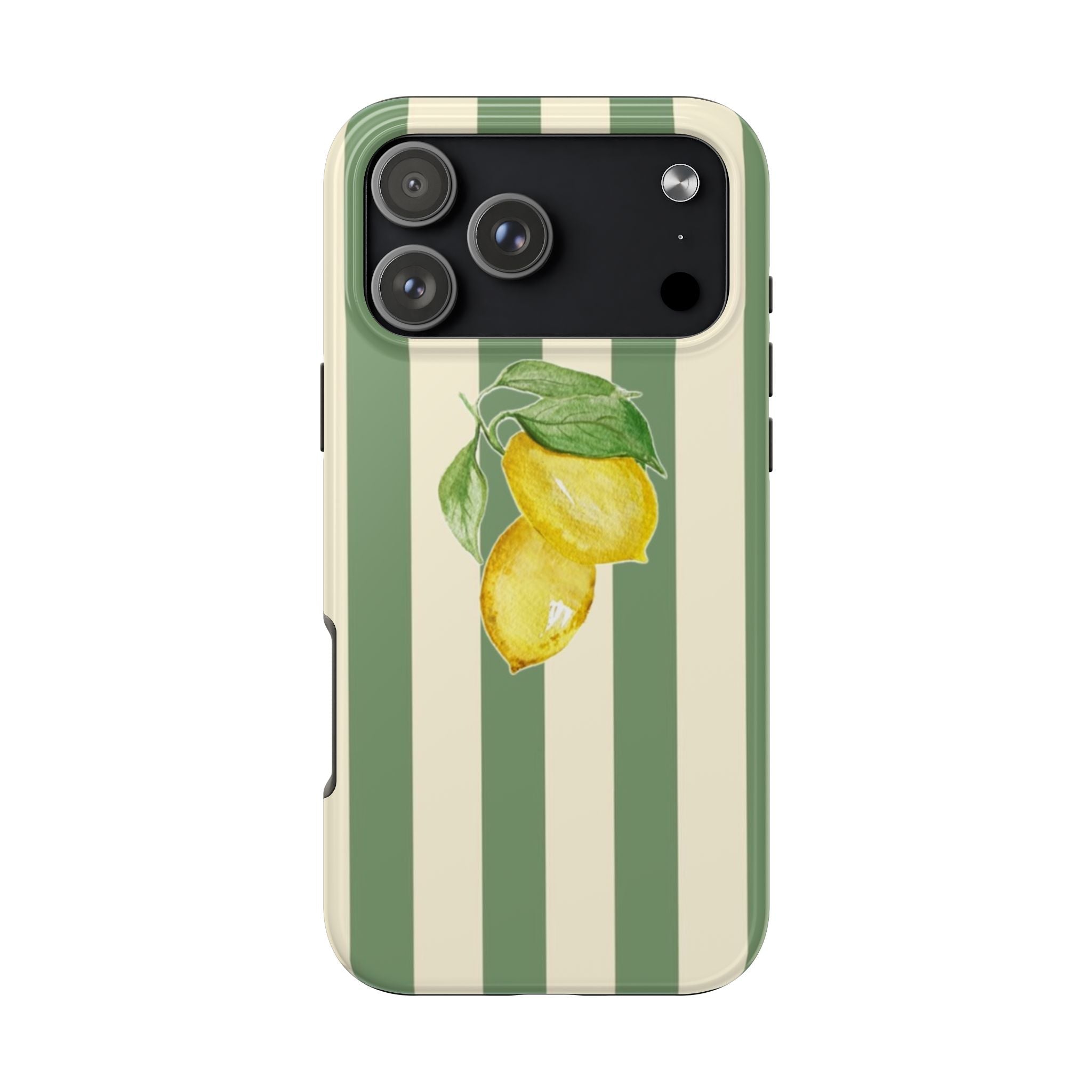 Back view: green and cream striped phone case with lemon-and-leaf design