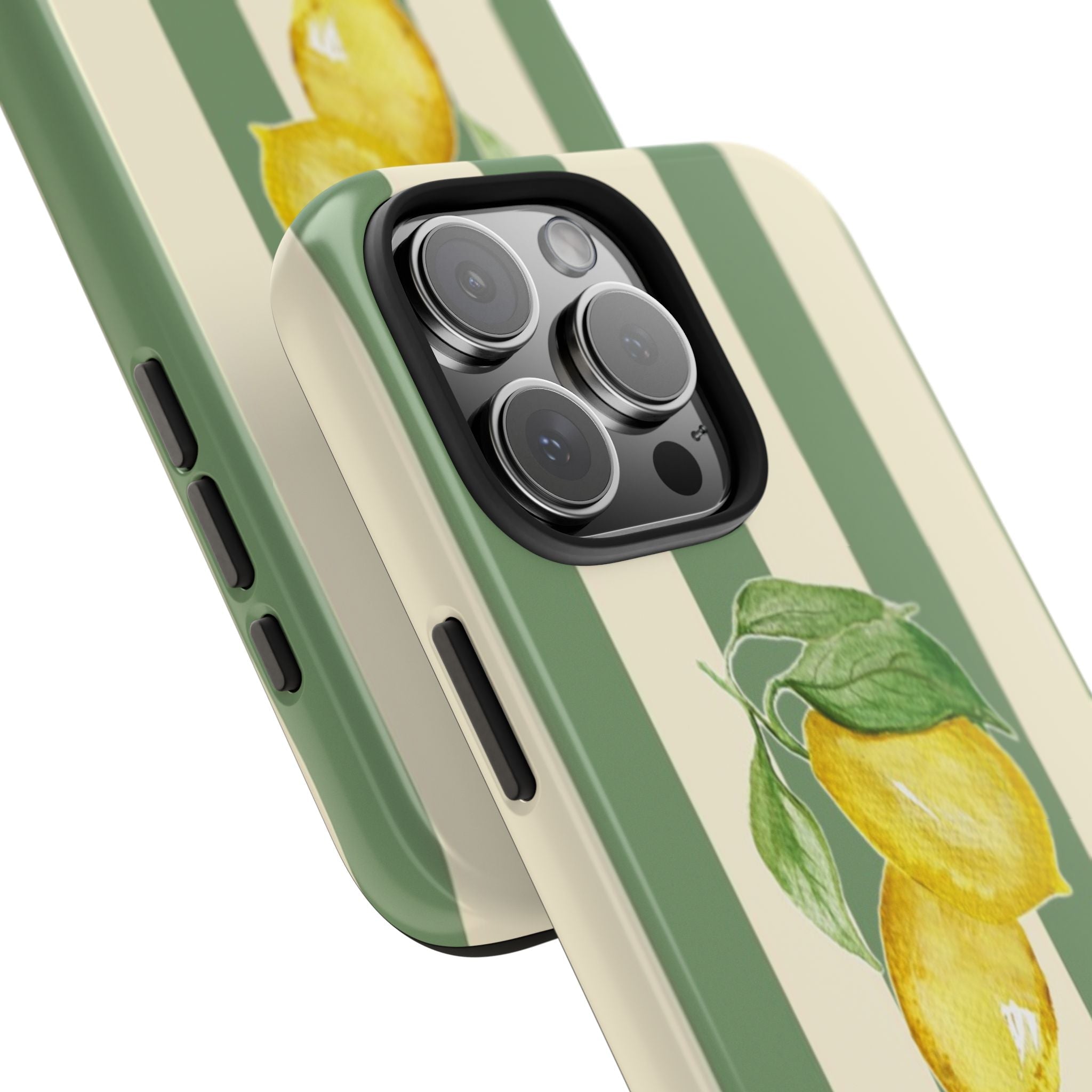 Angled green/cream striped phone case with lemon leaf artwork and camera cutout