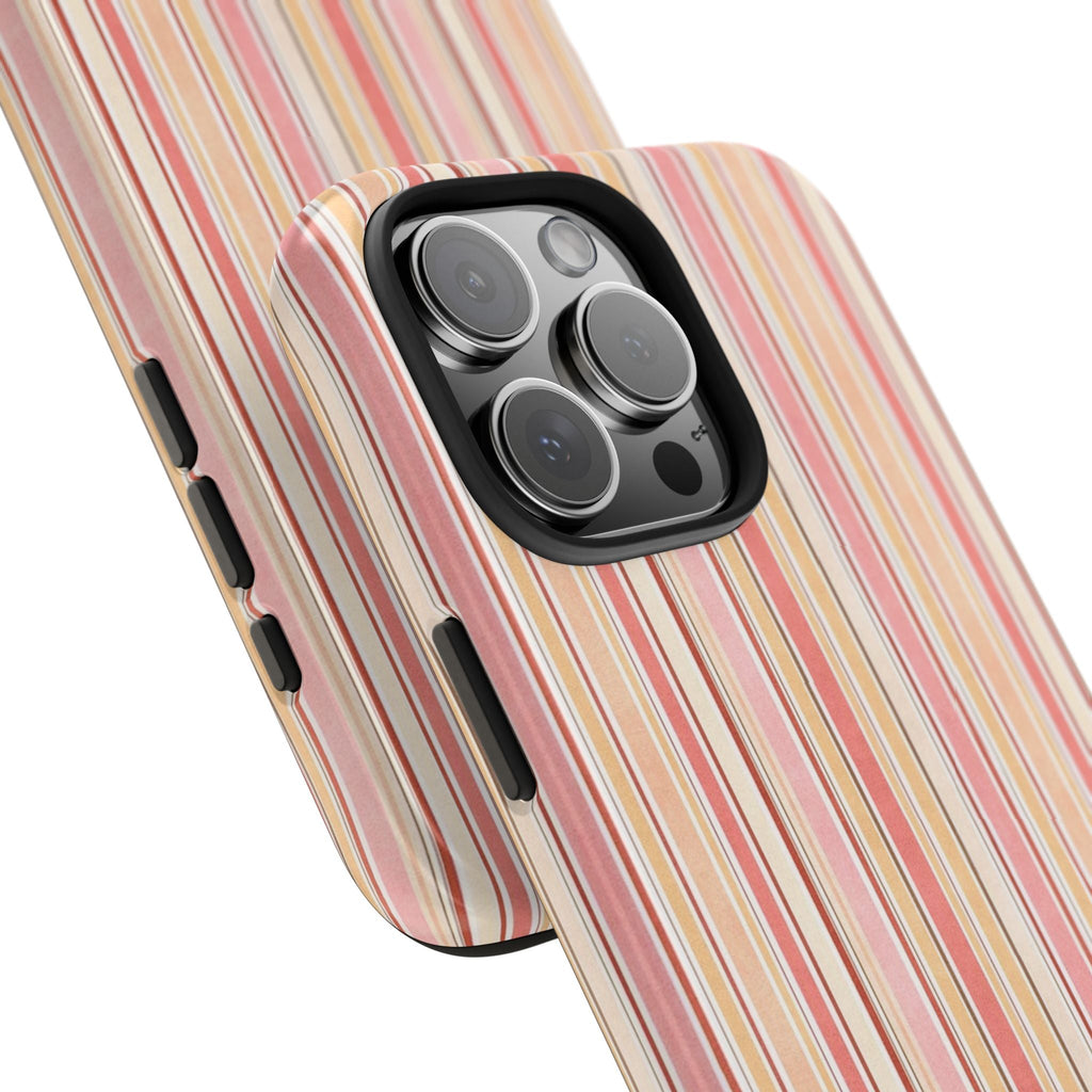 Orange striped phone case corner view with raised camera protection and vertical stripes