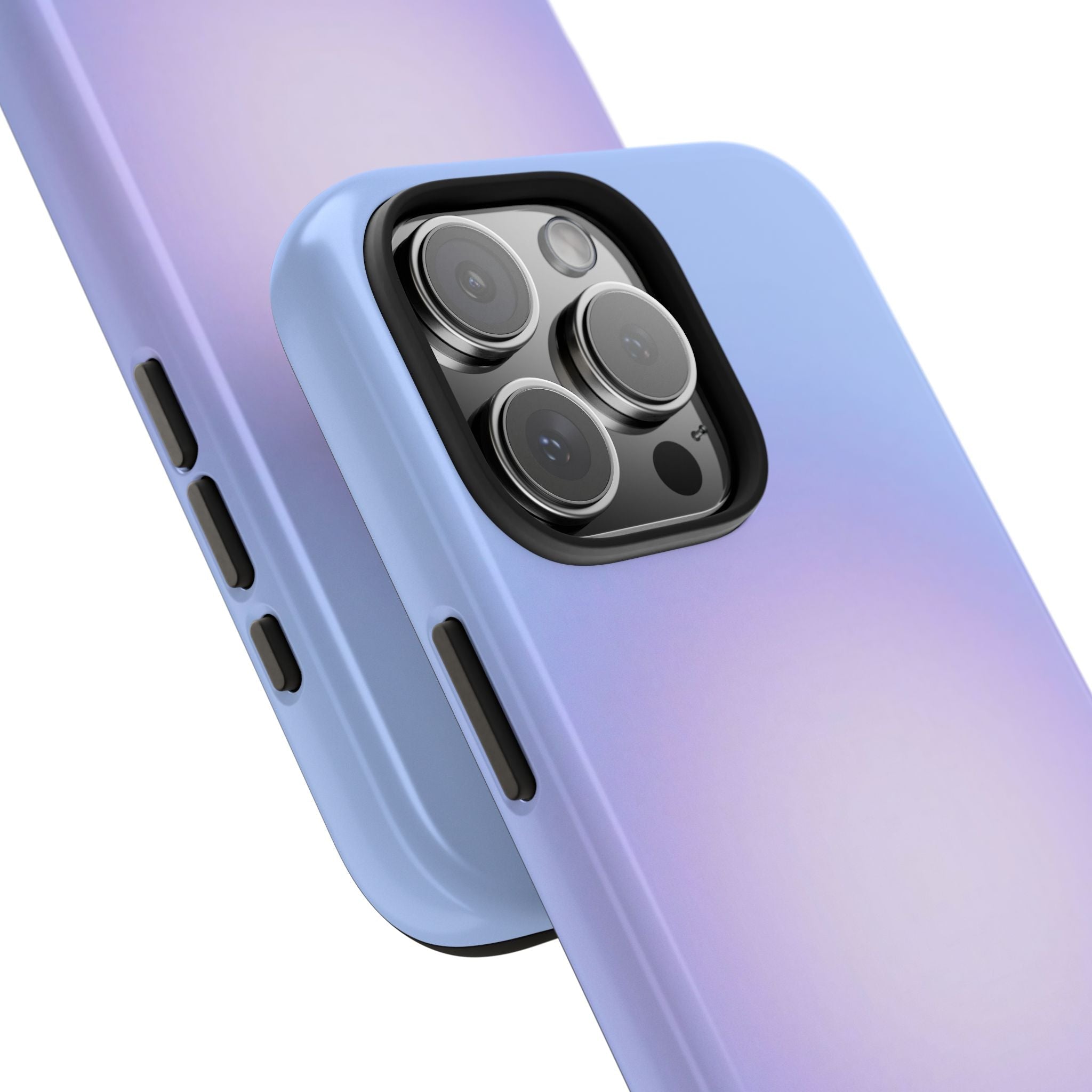 Sky blue aura phone case side profile with raised camera ring cutout and gradient finish