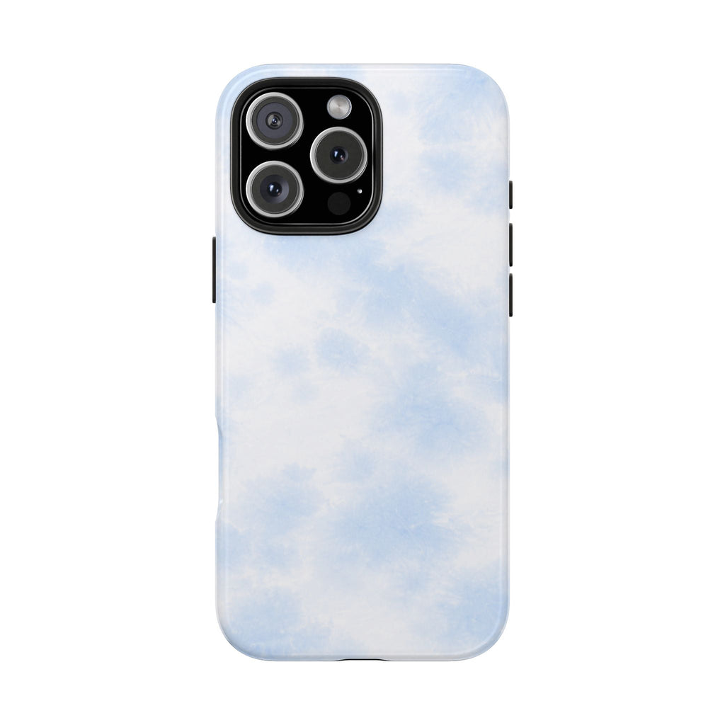 Light sky-blue cloud tie-dye phone case, rear view with camera lens cutout