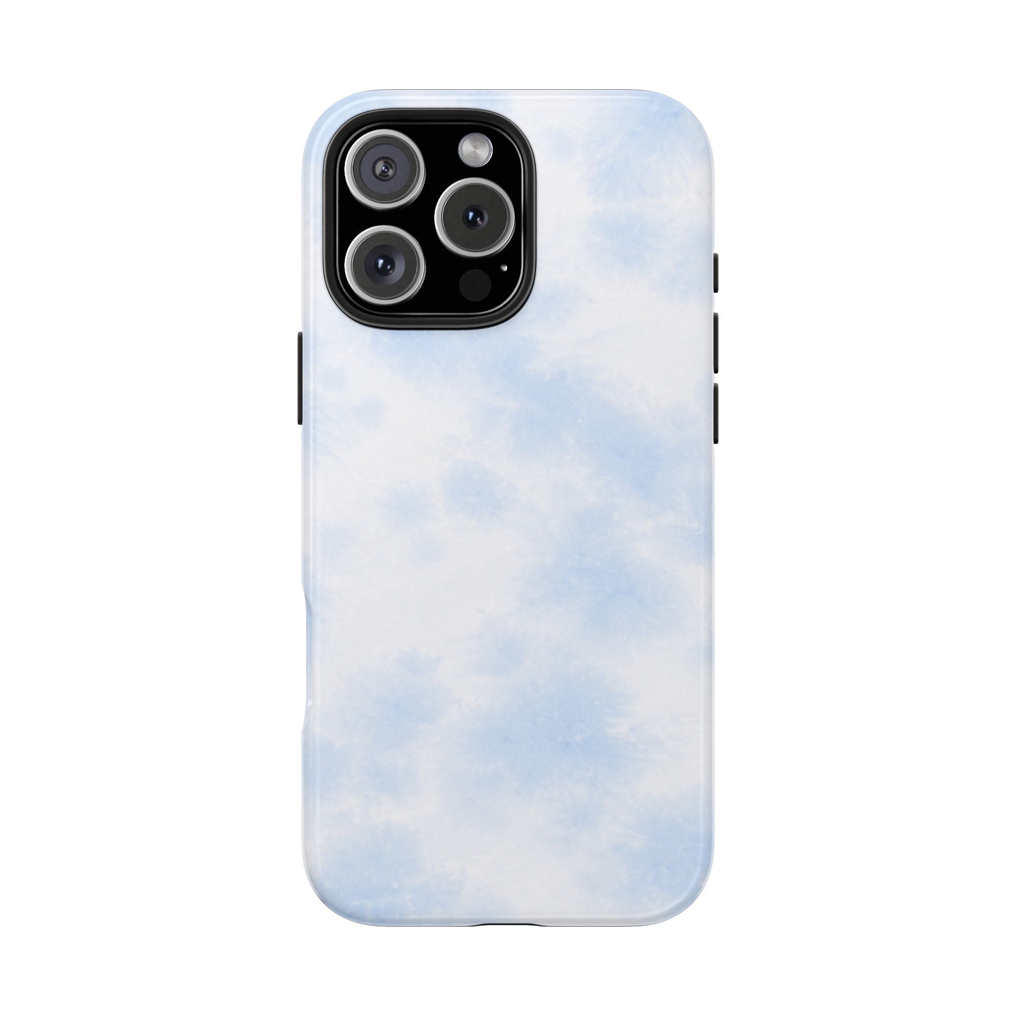Light sky-blue cloud tie-dye phone case, rear view with camera lens cutout